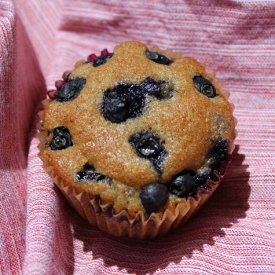 Blueberry muffin slightly browned on the top.
