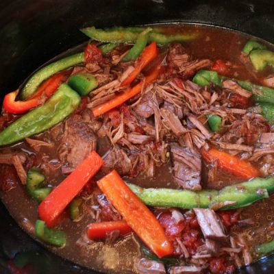 Slow cooked beef, tomatoes and peppers in a pan
