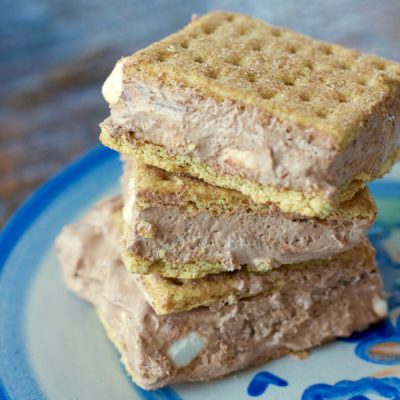 Frozen granola bar sandwiches stuffed with a mix of pudding and marshmallows, cut into squares.