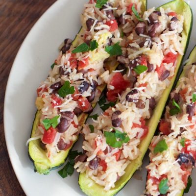 Steamed summer squash cut lengthwise topped with diced tomatoes, black beans, brown rice and chopped fresh basil.