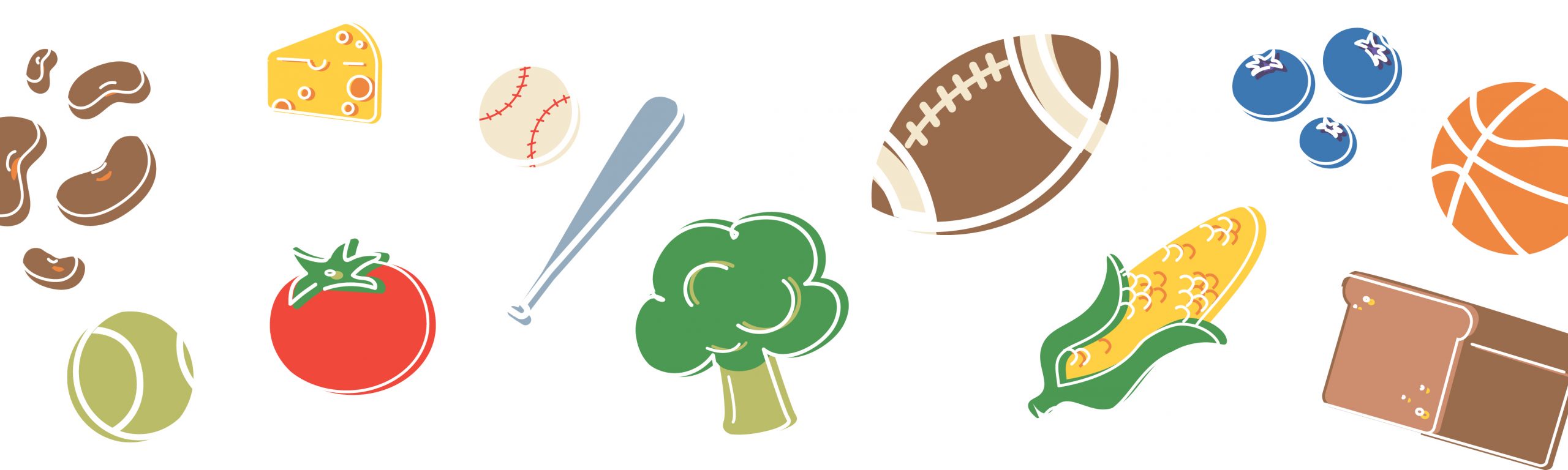 a collage of various healthy foods and sports equipment such as beans, tomatoes, broccoli, baseball, bat, football, and basketball.