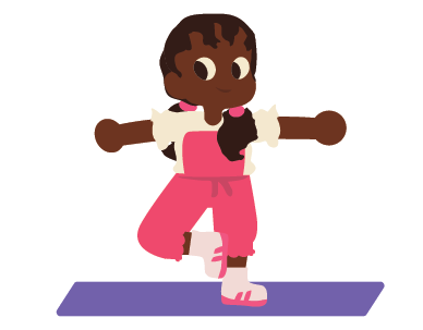 Poppy (a young girl) doing yoga on a purple mat.