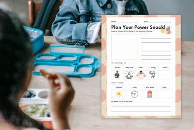 Image of students eating lunch overlayed by a preview of the Plan Your Power Snack worksheet over it.