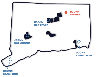 Map of CT with UConn Campuses and towns where UConn HNS has programs.